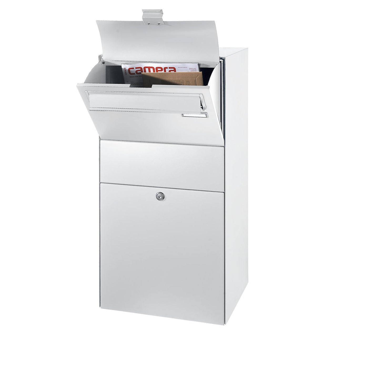 Parcel delivery box, with delivery box flap, traffic white RAL 9016.