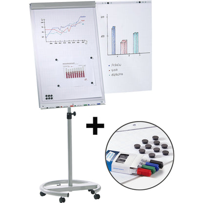 Flip-chart set incl. accessories, height adjustable, 1700 - 2000 mm, with stable round base Ø 640 mm, 5 swivel castors.