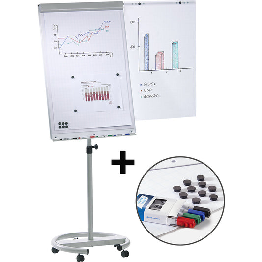 Flip-chart set incl. accessories, height adjustable, 1700 - 2000 mm, with stable round base Ø 640 mm, 5 swivel castors.