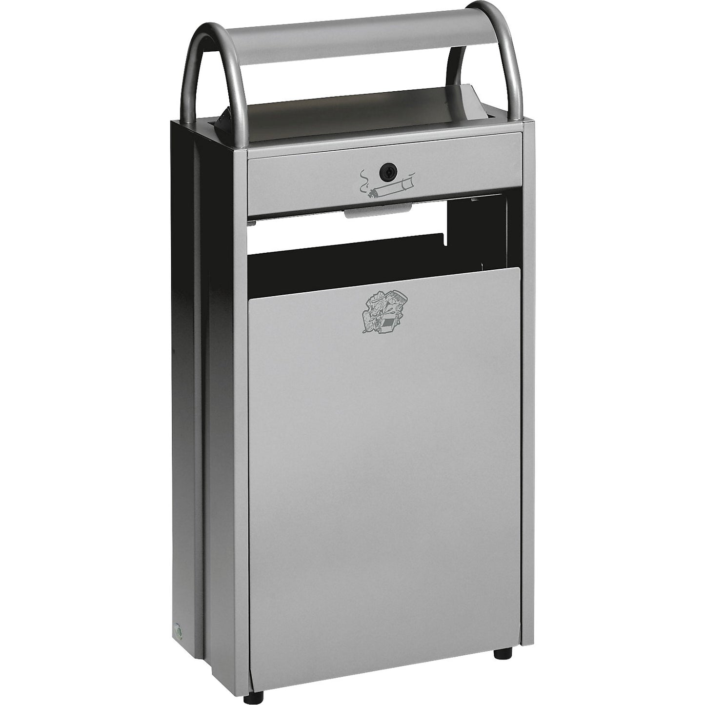 Waste collector with ashtray and rain protection hood, capacity 60 l, WxHxD 480 x 960 x 250 mm, silver.