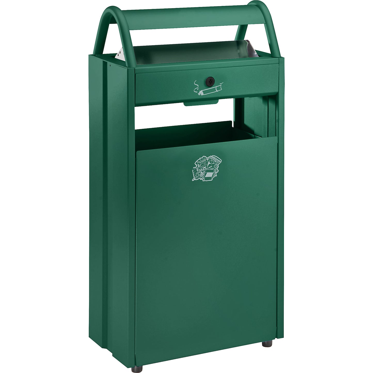 Waste collector with ashtray and rain protection hood, capacity 60 l, WxHxD 480 x 960 x 250 mm, moss green RAL 6005.