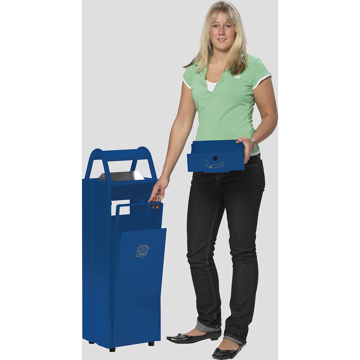 Waste collector with ashtray, capacity 60 l, WxHxD 480 x 960 x 250 mm, blue RAL 5010.