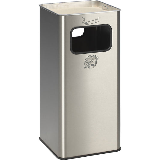 Combination ashtray, capacity 53 l, WxHxD 330 x 705 x 330 mm, stainless steel.