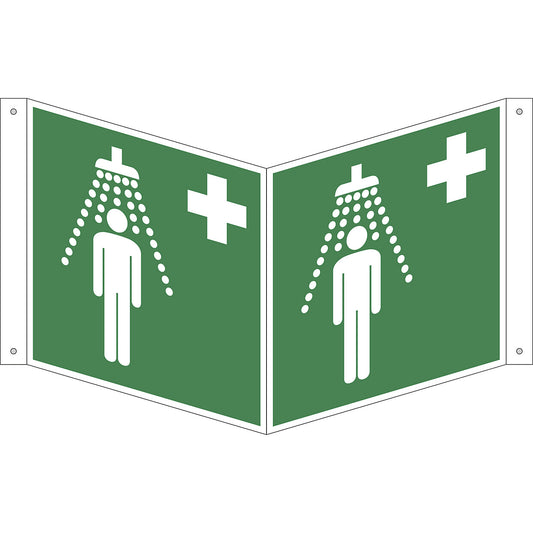 Emergency sign, safety shower, pack of 10, aluminium, V shaped sign, 200 x 200 mm.