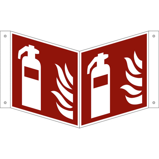 Fire protection sign, fire extinguisher, pack of 10, plastic, V shaped sign, 150 x 150 mm.