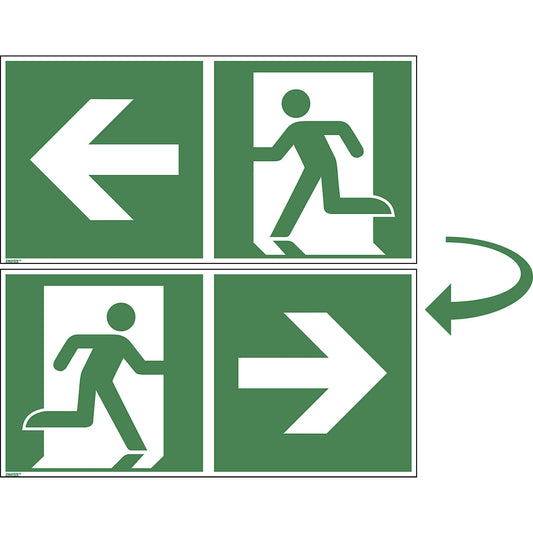 Emergency exit route, double sided, plastic, pack of 10, 400 x 200 mm.