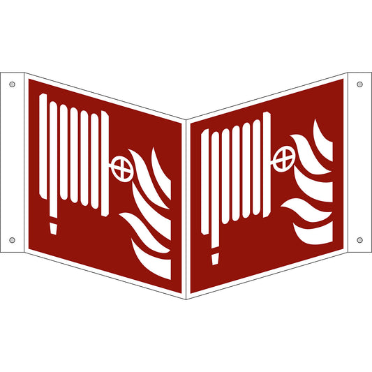 Fire protection sign, fire hose reel, pack of 10, plastic, V shaped sign, 150 x 150 mm.