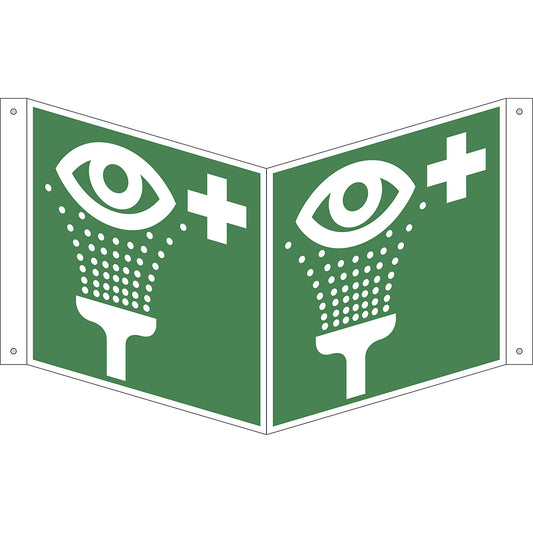 Emergency sign, eyewash station, pack of 10, plastic, V shaped sign, 200 x 200 mm.