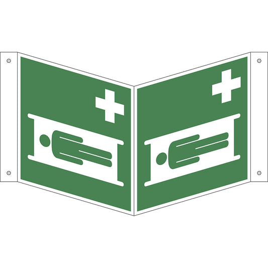 Emergency sign, stretcher, pack of 10, plastic, V shaped sign, 150 x 150 mm.