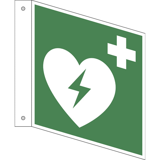 Emergency sign, automated external heart defibrillator, pack of 10, aluminium, L shaped sign, 150 x 150 mm.