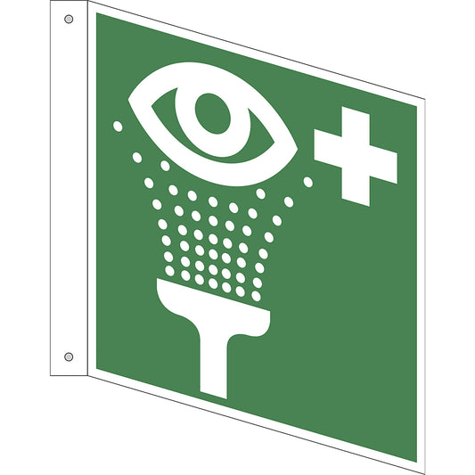 Emergency sign, eyewash station, pack of 10, plastic, L shaped sign, 200 x 200 mm.