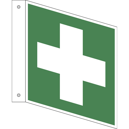 Emergency sign, first aid, pack of 10, aluminium, L shaped sign, 150 x 150 mm.