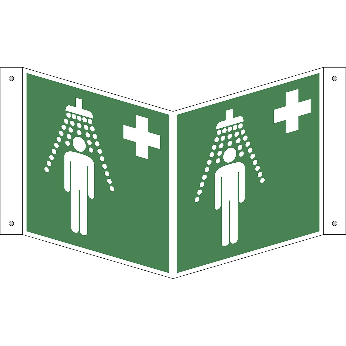 Emergency sign, safety shower, pack of 10, aluminium, V shaped sign, 150 x 150 mm.