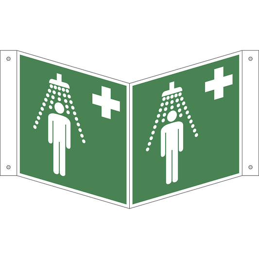 Emergency sign, safety shower, pack of 10, aluminium, V shaped sign, 150 x 150 mm.