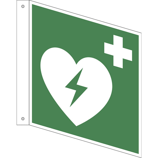 Emergency sign, automated external heart defibrillator, pack of 10, plastic, L shaped sign, 200 x 200 mm.