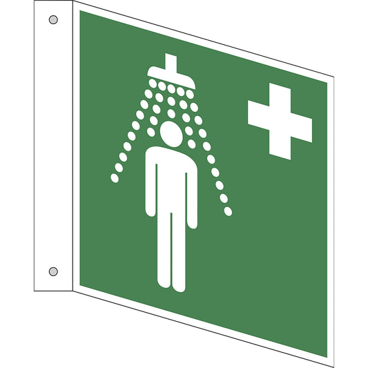 Emergency sign, safety shower, pack of 10, plastic, L shaped sign, 150 x 150 mm.