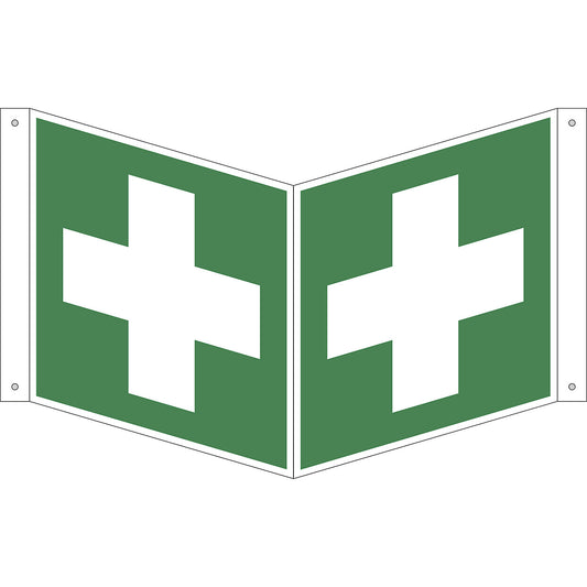 Emergency sign, first aid, pack of 10, plastic, V shaped sign, 200 x 200 mm.