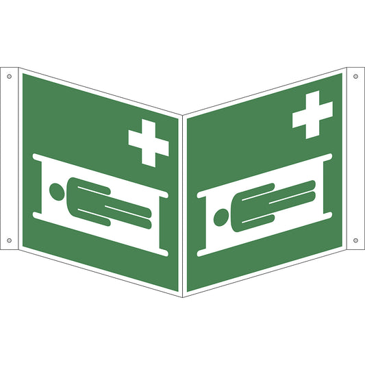 Emergency sign, stretcher, pack of 10, aluminium, V shaped sign, 200 x 200 mm.
