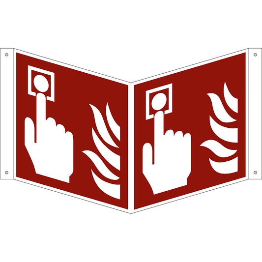 Fire protection sign, fire alarm call point, pack of 10, aluminium, V shaped sign, 200 x 200 mm.