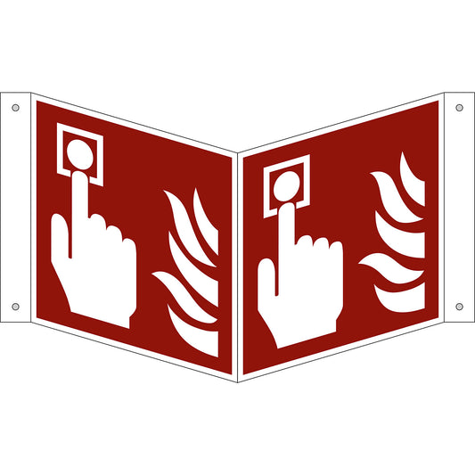 Fire protection sign, fire alarm call point, pack of 10, plastic, V shaped sign, 150 x 150 mm.