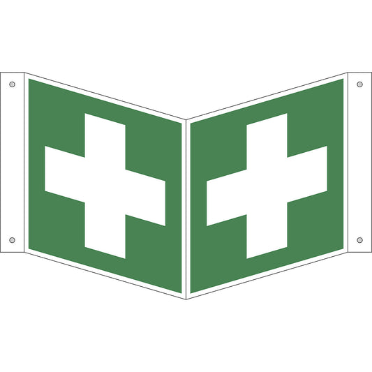 Emergency sign, first aid, pack of 10, aluminium, V shaped sign, 150 x 150 mm.