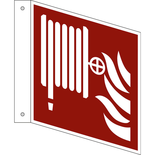 Fire protection sign, fire hose reel, pack of 10, plastic, L shaped sign, 150 x 150 mm.
