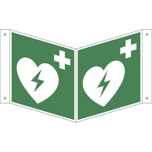 Emergency sign, automated external heart defibrillator, pack of 10, plastic, V shaped sign, 150 x 150 mm.