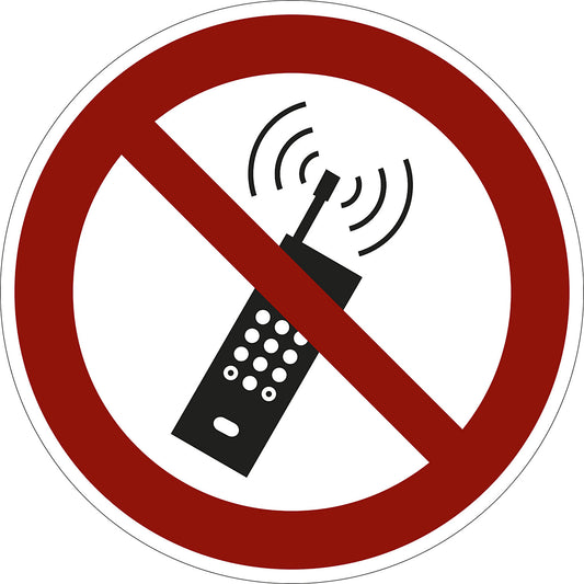 Prohibition sign, no switched on mobile phones, pack of 10, plastic, Ø 200 mm.