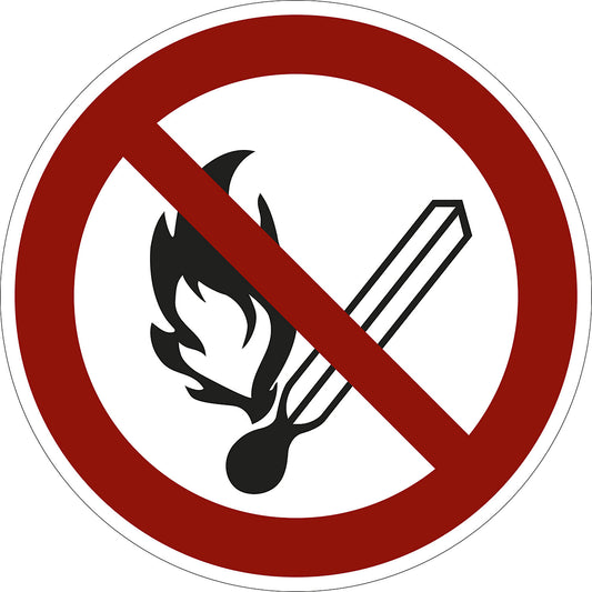 Prohibition sign, fire, open ignition source and smoking prohibited, pack of 10, aluminium, Ø 200 mm.