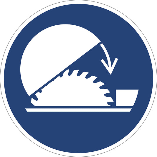 Mandatory signs, use table saw adjustable guard, pack of 10, plastic, Ø 200 mm.