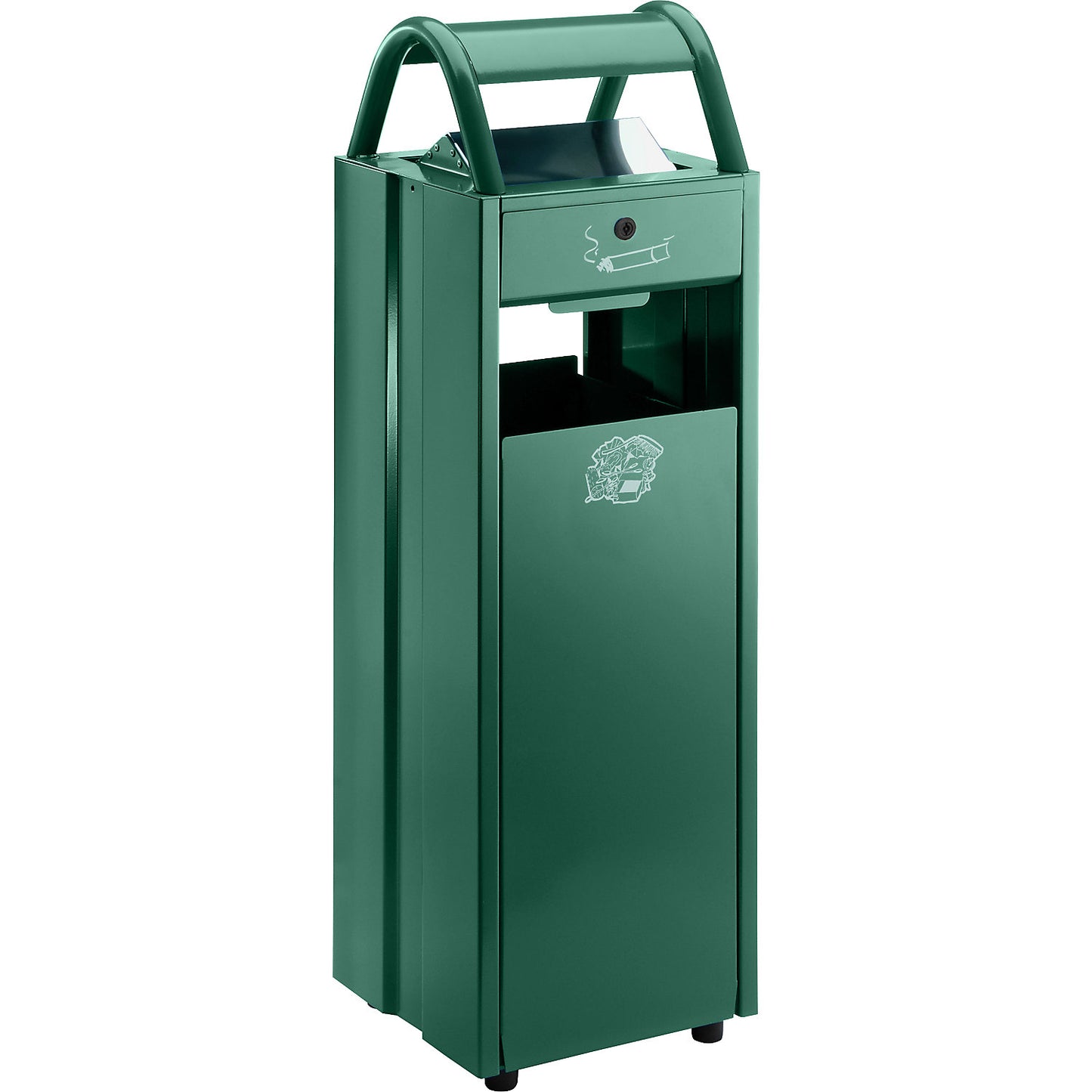 Waste collector with ashtray and rain protection hood, capacity 35 l, WxHxD 300 x 960 x 250 mm, moss green RAL 6005.