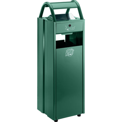Waste collector with ashtray and rain protection hood, capacity 35 l, WxHxD 300 x 960 x 250 mm, moss green RAL 6005.