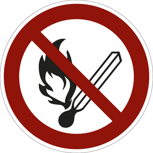 Prohibition sign, fire, open ignition source and smoking prohibited, pack of 10, plastic, Ø 100 mm.