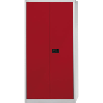 UNIVERSAL double door cupboard, HxWxD 1950 x 914 x 400 mm, 4 zinc plated shelves, 5 file heights, light grey / cardinal red.