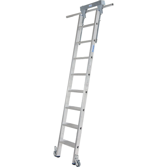 Step shelf ladder, with wheels on top for round tubing rail system, 8 steps.