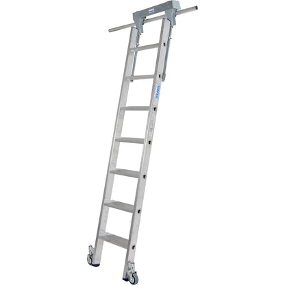 Step shelf ladder, with wheels on top for round tubing rail system, 7 steps.