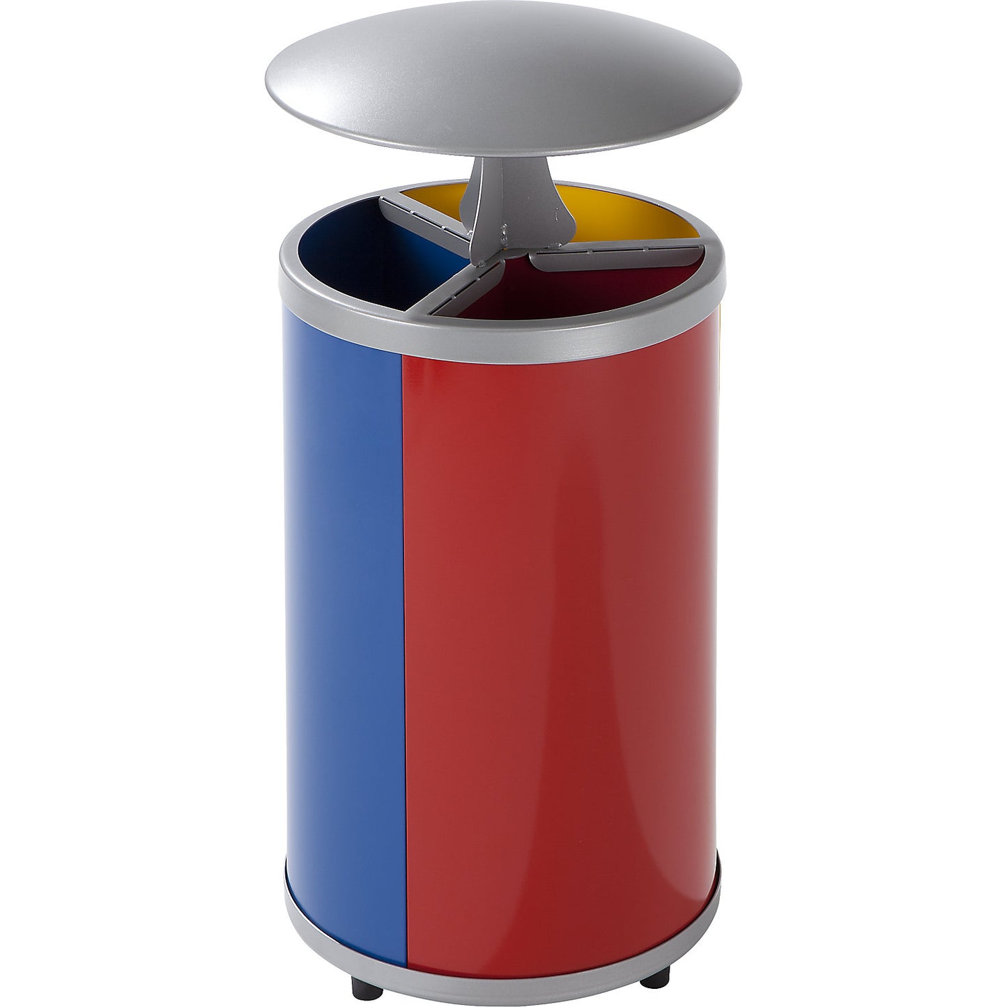 Recyclable waste collector, round, capacity 3 x 30 l, HxØ 950 x 420 mm, with hood, yellow, blue, red.