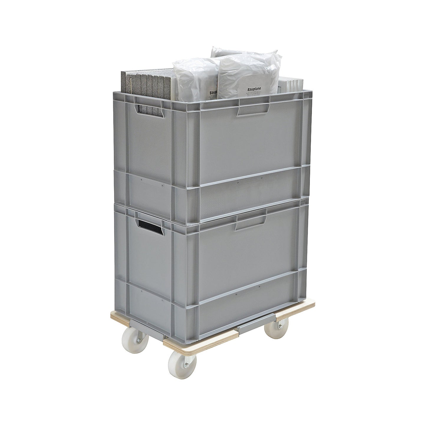 Transport dolly made of multiplex panel, rectangular, max. load 250 kg, width 434 mm.