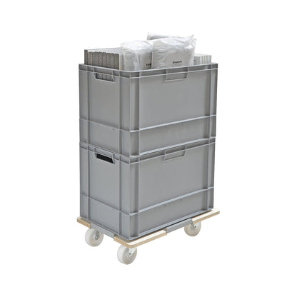 Transport dolly made of multiplex panel, rectangular, max. load 250 kg, width 434 mm.
