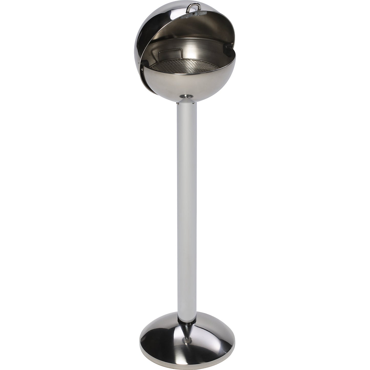 Spherical pedestal ashtray made of stainless steel, for filling with sand, height 970 mm, Ø 260 mm.