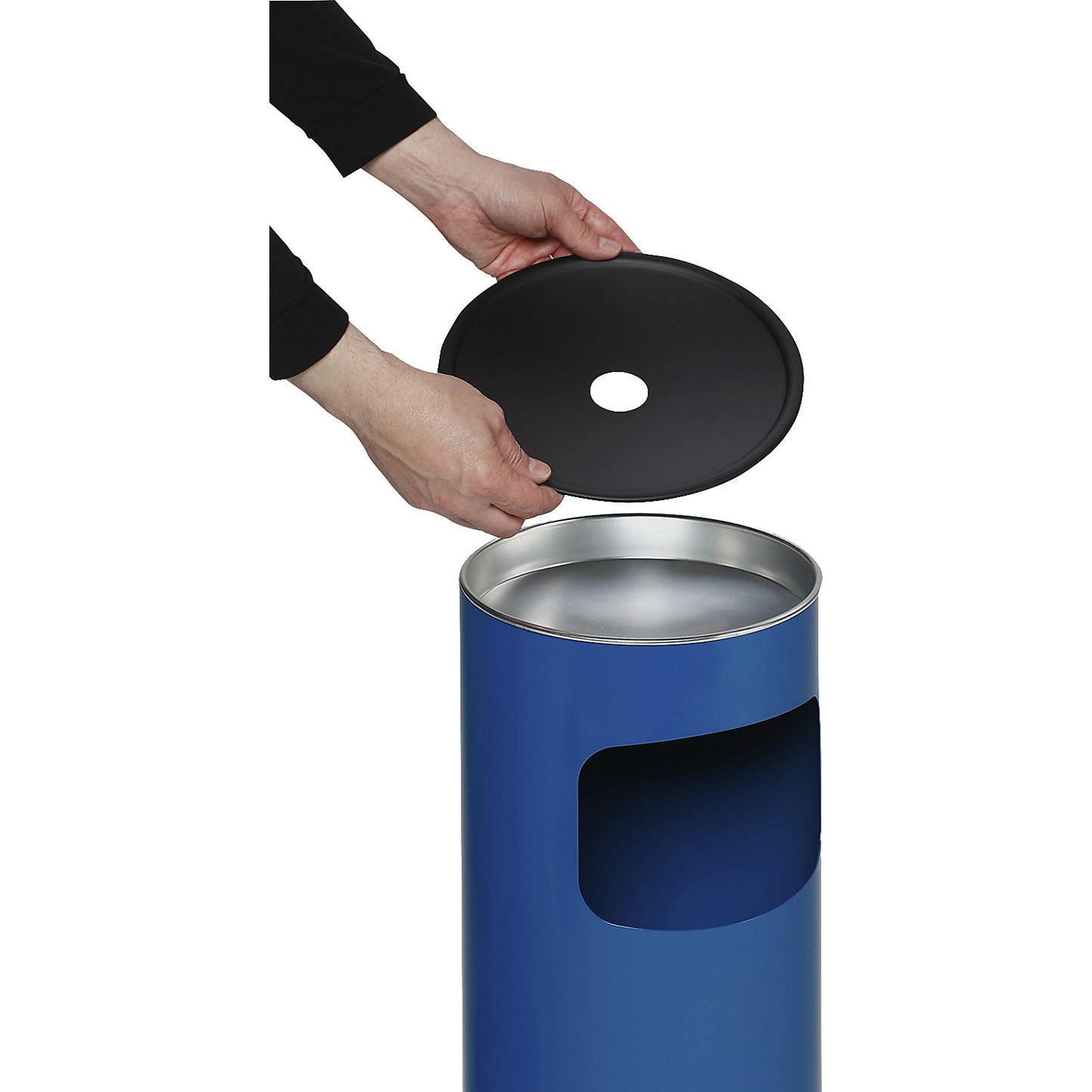 Safety combination ashtray, sheet steel, capacity 17 l, HxØ 610 x 250 mm, gentian blue.