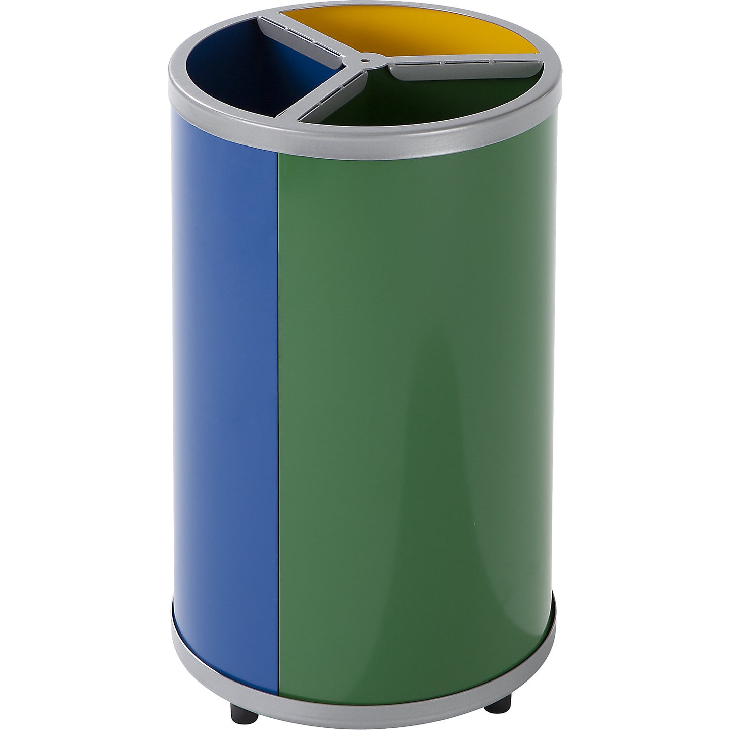 Recyclable waste collector, round, capacity 3 x 30 l, HxØ 720 x 420 mm, yellow, blue, green.