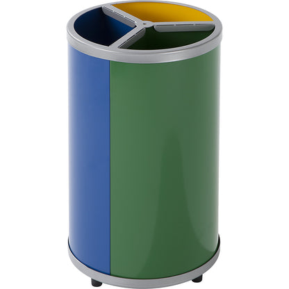 Recyclable waste collector, round, capacity 3 x 30 l, HxØ 720 x 420 mm, yellow, blue, green.