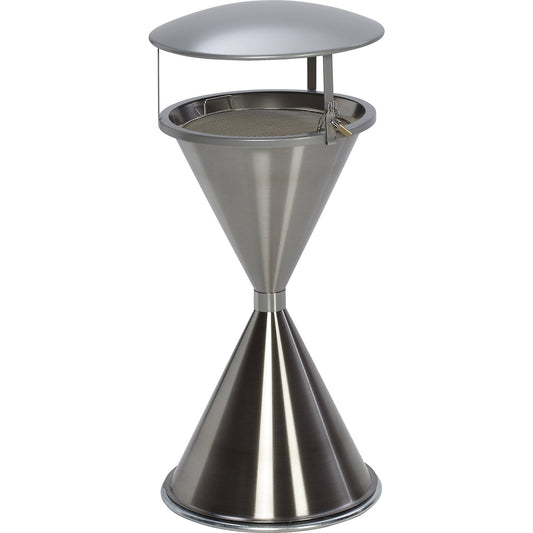 Conical ashtray with roof and base disc, stainless steel, rust free.