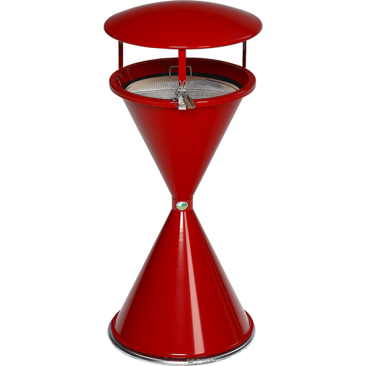 Conical ashtray with roof and base disc, sheet steel, powder coated, red.