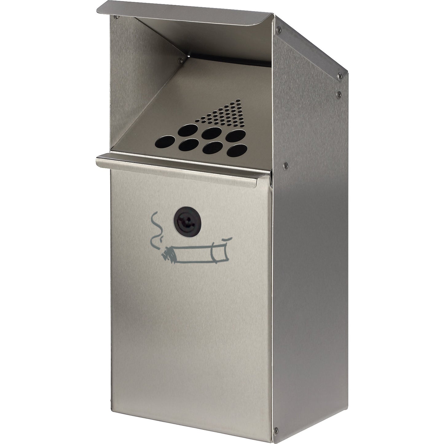 Wall ashtray made of stainless steel, capacity 3.7 l, lockable, HxWxD 410 x 180 x 150 mm.
