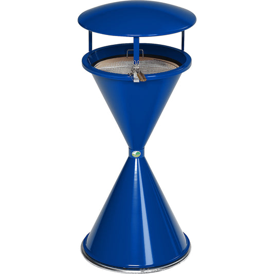 Conical ashtray with roof and base disc, sheet steel, powder coated, blue.