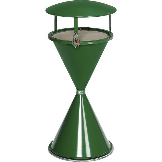 Conical ashtray with roof and base disc, sheet steel, powder coated, green.