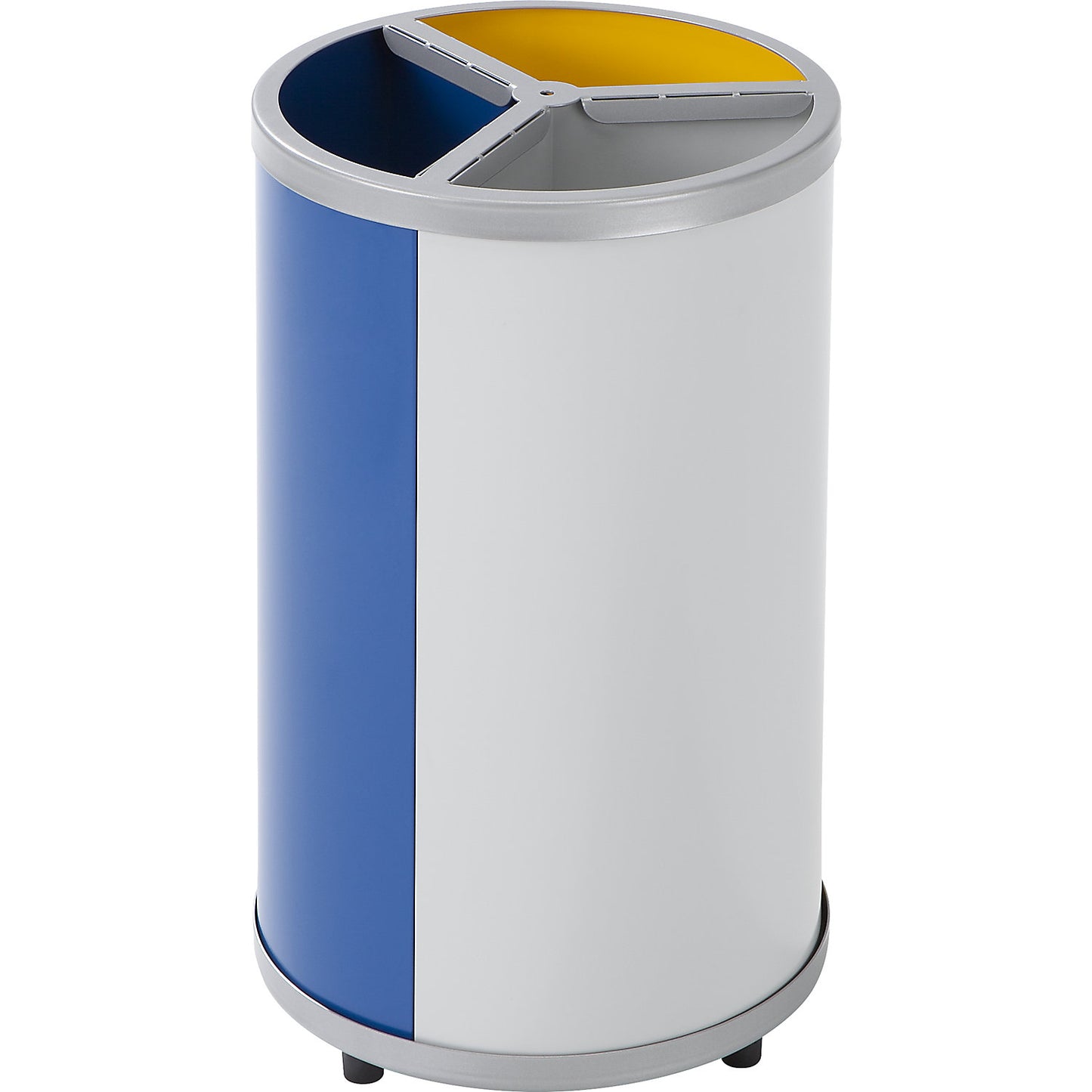 Recyclable waste collector, round, capacity 3 x 30 l, HxØ 720 x 420 mm, yellow, blue, grey.
