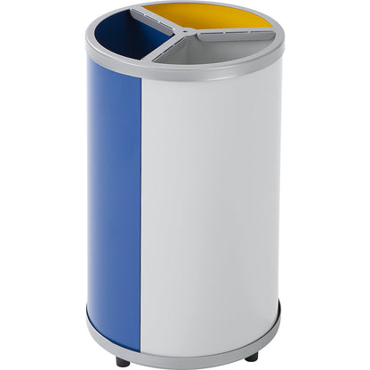 Recyclable waste collector, round, capacity 3 x 30 l, HxØ 720 x 420 mm, yellow, blue, grey.